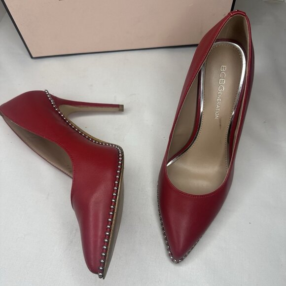 BCBG Generation Leather Stilletto Red Studded Shoes Almond toe heels Pumps - Picture 2 of 13